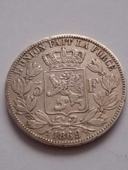 Belgia 5 Franków Leopold II 1869 r