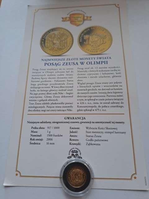 Wybrzeże Kości Słoniowej 1500 franków Posąg Zeusa w Olimpii 2006 r