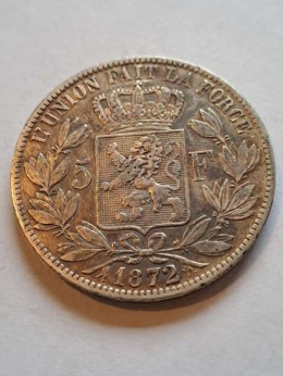 Belgia 5 Franków Leopold II 1872 r