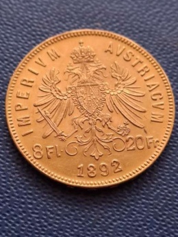 Austria 8 florenów / 20 franków 1892 r nowe bicie