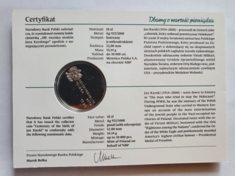 10 zł 100 Rocznica Urodzin Jana Karskiego 2014 r