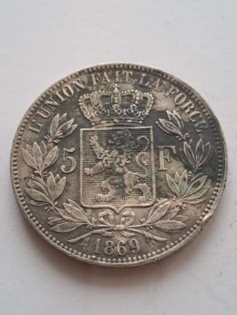 Belgia 5 Franków Leopold II 1869 r