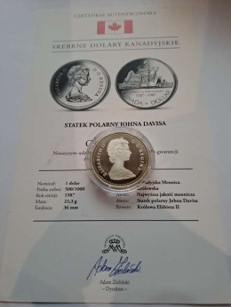 Kanada 1 Dolar Statek Polarny J. Davisa 1987 r