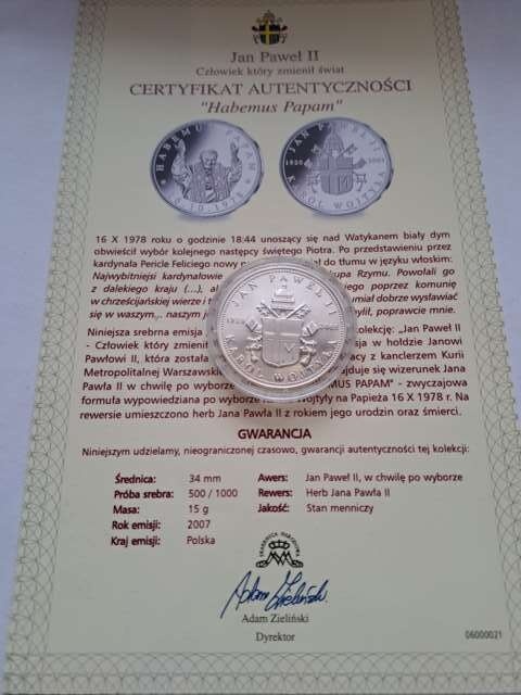 Numizmat Jan Paweł II Habemus Papam 2007 r