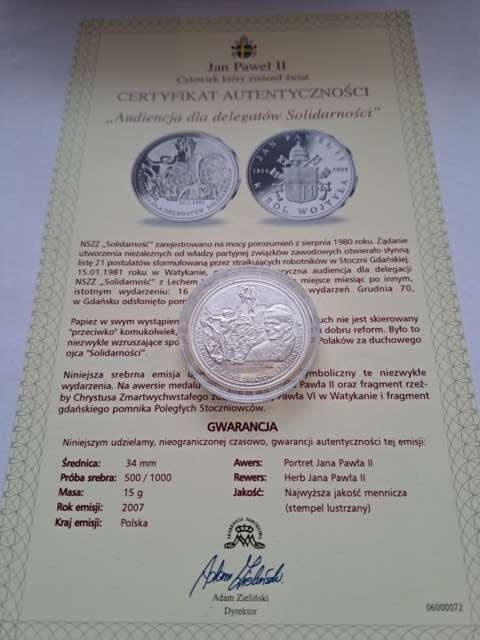 Numizmat Jan Paweł II Audiencja Solidarności 2007 r