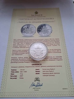 Numizmat Jan Paweł II Audiencja Solidarności 2007 r