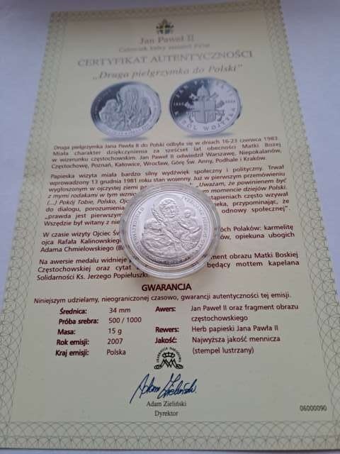 Numizmat Jan Paweł II II pielgrzymka do Polski 2007 r