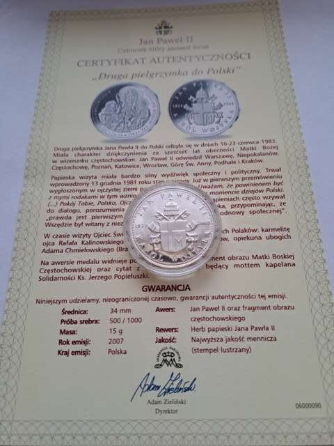 Numizmat Jan Paweł II II pielgrzymka do Polski 2007 r