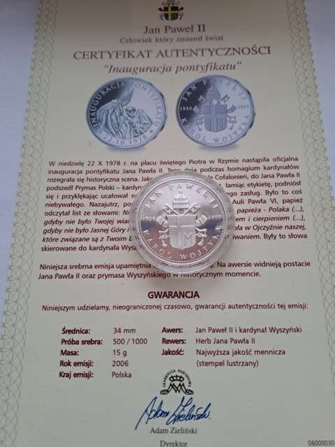 Numizmat Jan Paweł II Inauguracja pontyfikatu 2006 r