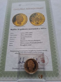 Replika 20 guldenów austriackich 1855 r