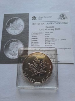 Kanada 5 Dolarów Liść 2009 r