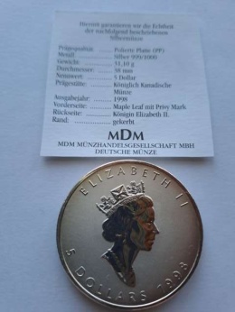 Kanada 5 Dolarów Liść 1998 r