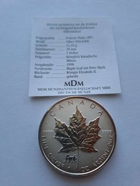 Kanada 5 Dolarów Liść 1998 r