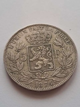 Belgia 5 Franków Leopold II 1874 r