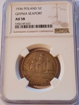 5 zł Żaglowiec 1936 r NGC AU 58