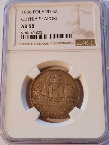 5 zł Żaglowiec 1936 r NGC AU 58
