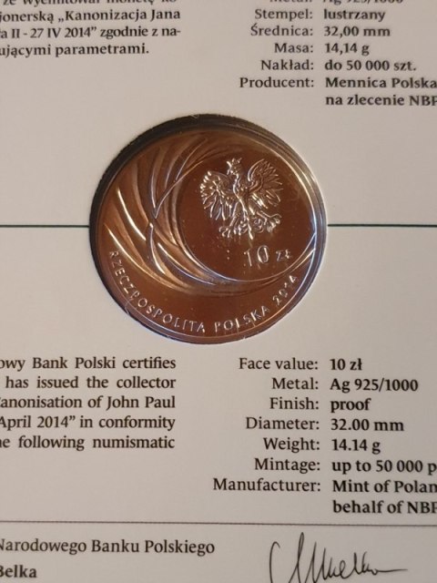 10 zł Jan Paweł II Kanonizacja 2014 r
