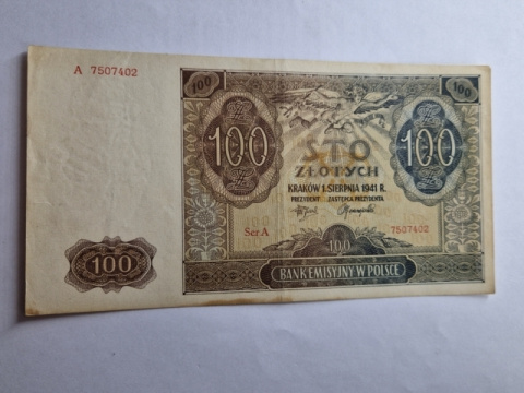 Banknot 100 zł 1941 r seria A Banknot 100 zł 1941 r seria A
