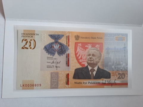 Banknot 20 zł Lech Kaczyński 2021 r nr 0036809 stan UNC Banknot 20 zł Lech Kaczyński 2021 r nr 0036809 stan UNC