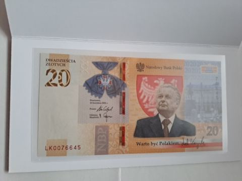Banknot 20 zł Lech Kaczyński 2021 r nr 0076645 stan UNC Banknot 20 zł Lech Kaczyński 2021 r nr 0076645 stan UNC