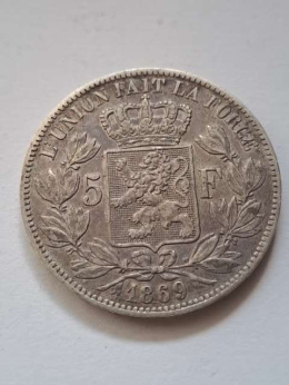 Belgia 5 Franków Leopold II 1869 r