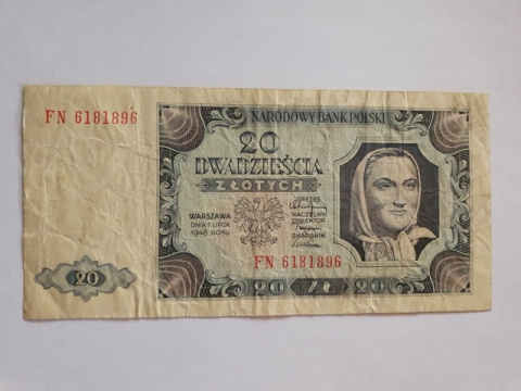 Banknot 20 zł 1948 r seria FN Banknot 20 zł 1948 r seria FN