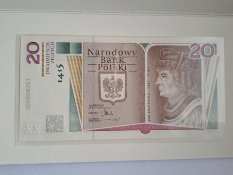 Banknot 20 zł Jan Długosz 2015 r niszy numer stan UNC Banknot 20 zł Jan Długosz 2015 r niszy numer stan UNC