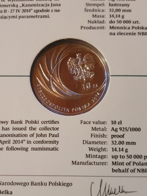 10 zł Jan Paweł II Kanonizacja 2014 rok 10 zł Jan Paweł II Kanonizacja 2014 rok