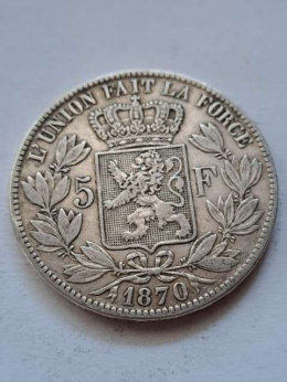 Belgia 5 Franków Leopold II 1870 r
