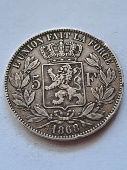 Belgia 5 Franków Leopold II 1868 r