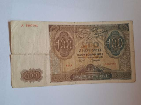 Banknot 100 zł 1941 r seria A Banknot 100 zł 1941 r seria A